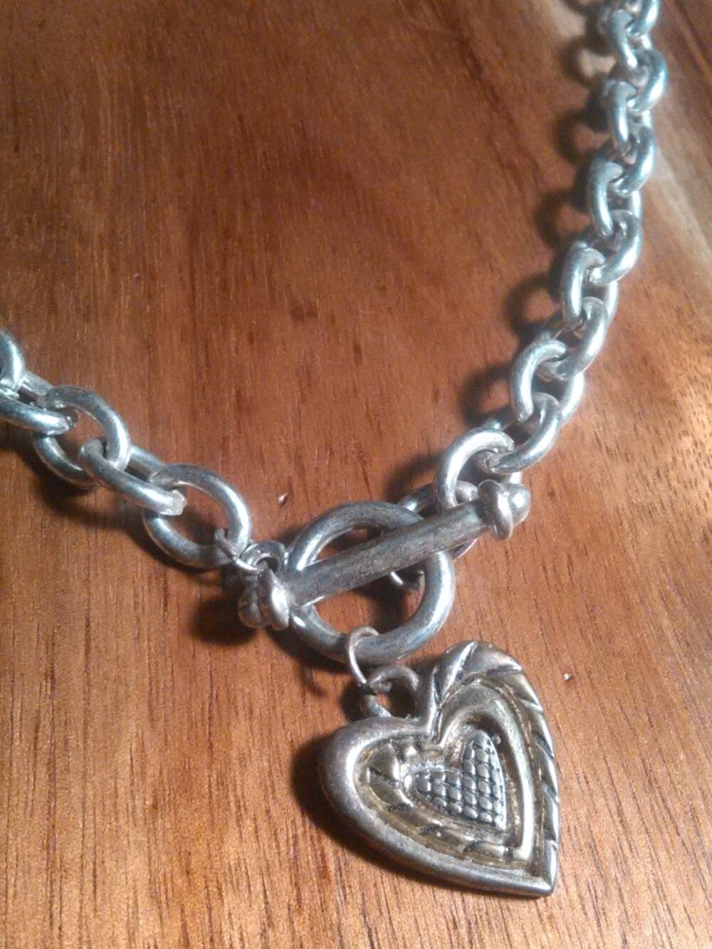 Heart Charm Toggle Clasp Silvertone Necklace (19 Inch)